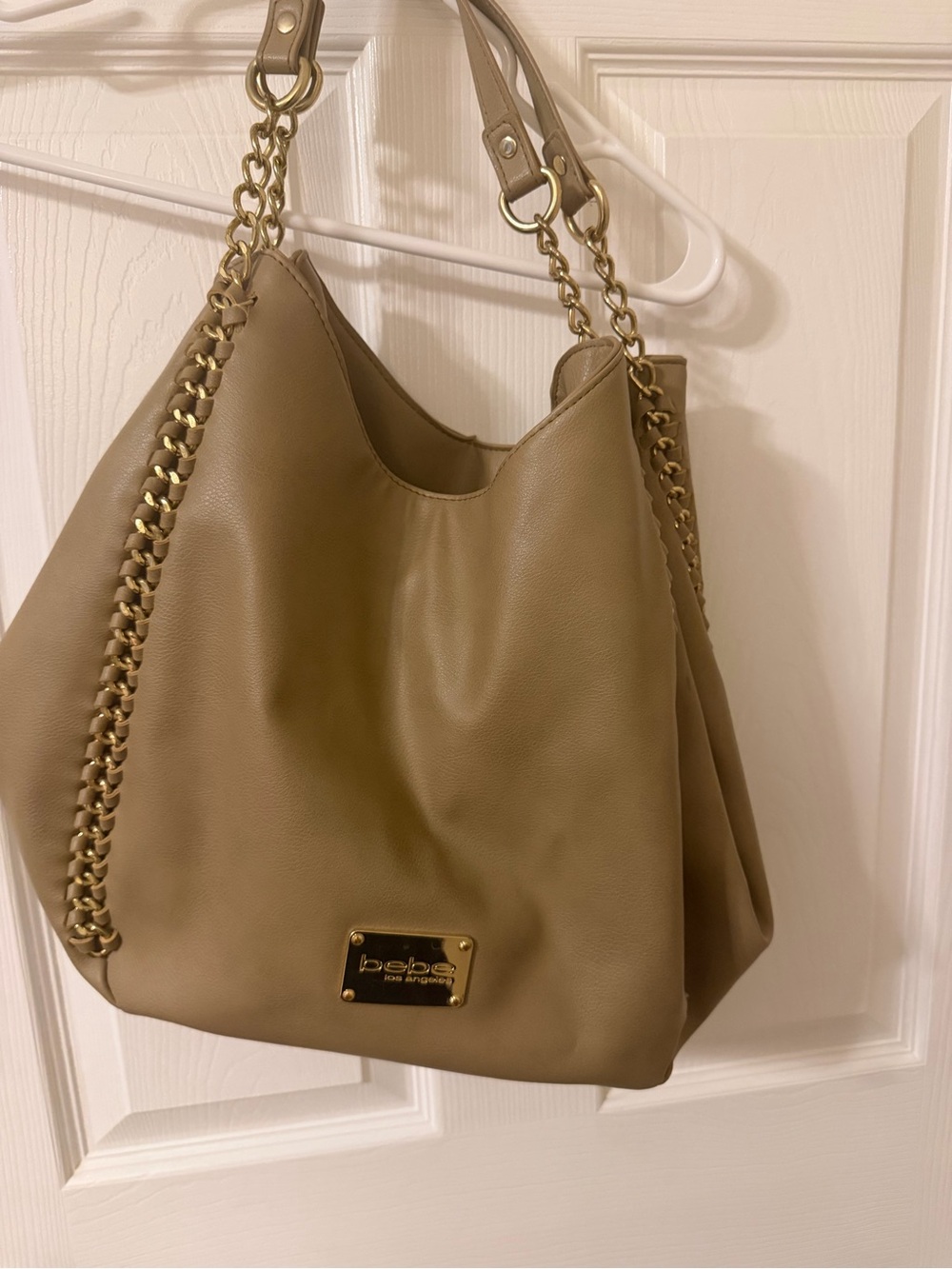 bebe Taupe Shoulder Hobo with Gold Chain Trim